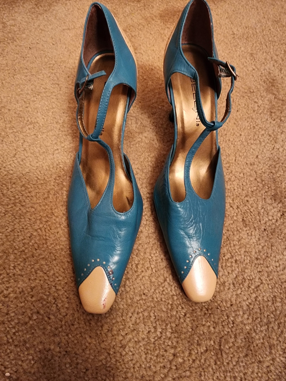 Women's Teal and Cream T-Strap Heels